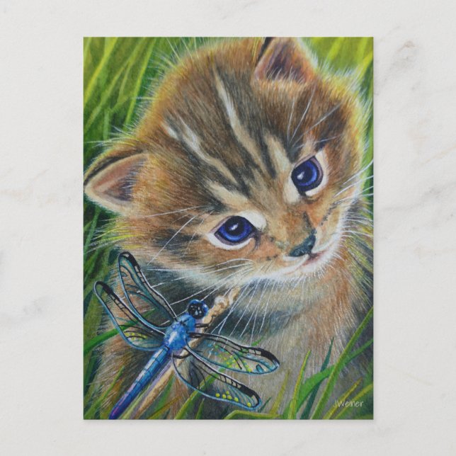 Brown Tabby Kitten & Dragonfly Watercolor Art Postcard (Front)