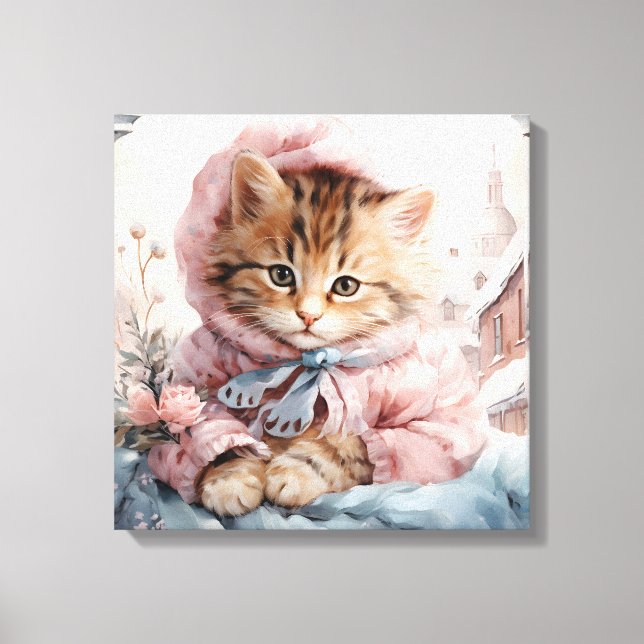 Brown Tabby Kitten Dressed In Pink  In A Window Canvas Print (Front)
