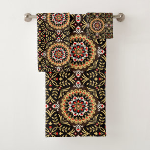 Brown Tan and Rust Folk Art Floral Bath Towel Set