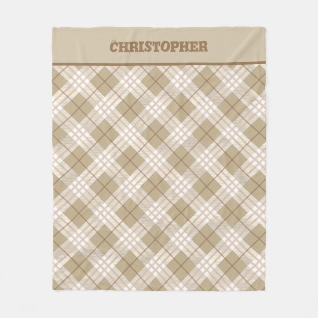 Brown Tan Beige Buffalo Plaid Boys Throw Twin Size Fleece Blanket (Front)