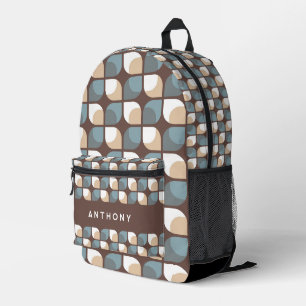 Brown Tan Beige Grey Blue Midcentury Art Pattern Printed Backpack