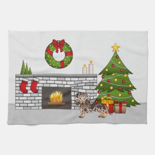 Brown & Tan Dapple Short Hair Dachshund Christmas Tea Towel