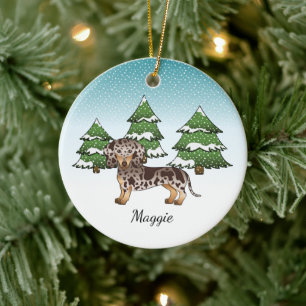 Brown & Tan Dapple Short Hair Dachshund In Winter Ceramic Tree Decoration