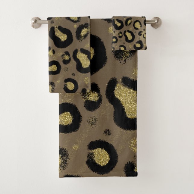 Brown Tan Gold Glitter Black Leopard Cheetah Print Bath Towel Set (Insitu)