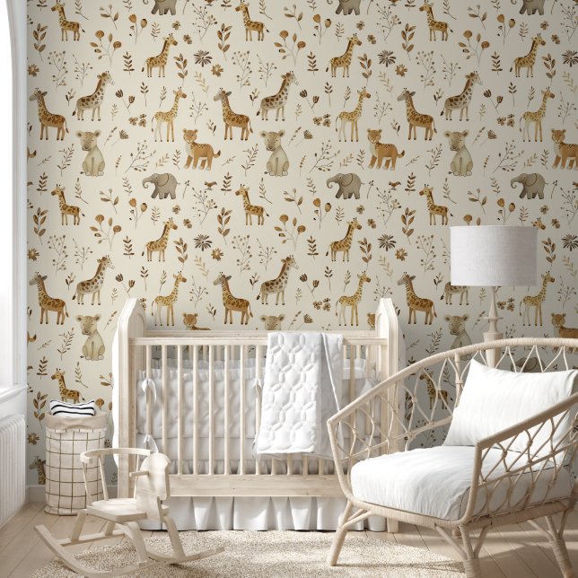 Brown Tan Jungle Animals Baby Nursery Wallpaper (Kids)