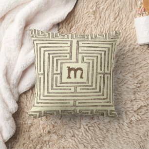 Brown Tan Monogram Tribal Greek Key Pattern Cushion