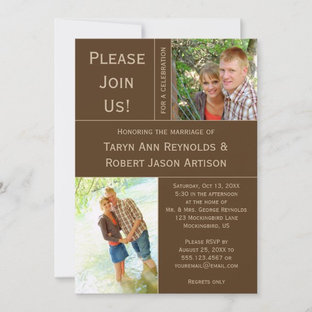 Brown Tan Photo Block Post Wedding Invitation (Front)