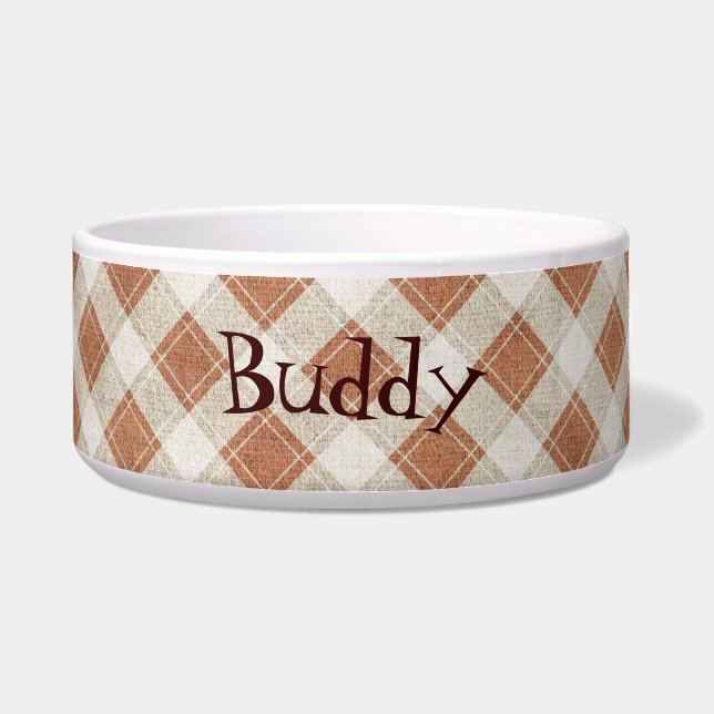 Brown & Tan Plaid Custom Dog Bowl (Front)