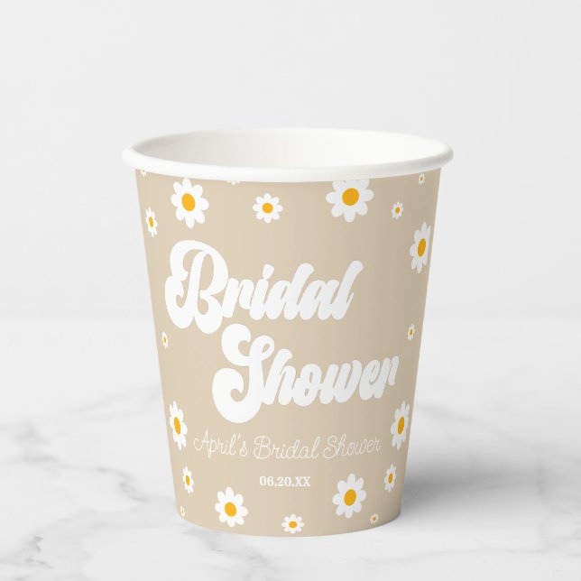 Brown Tan Retro Daisy Flower Floral Bridal Shower Paper Cups (Front)