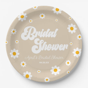 Brown Tan Retro Daisy Flower Floral Bridal Shower Paper Plate