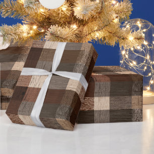 Brown Tan Rustic Cabin Wood Plaid Pattern Wrapping Paper
