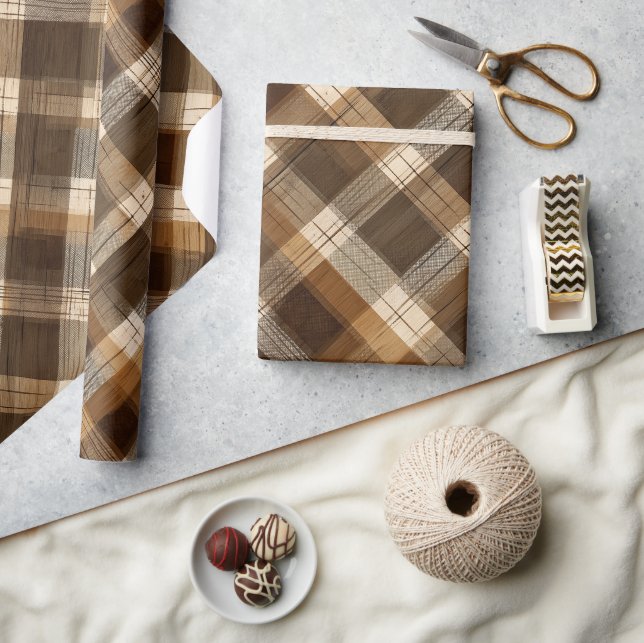 Brown Tan Rustic Cabin Wood Plaid Pattern Wrapping Paper (Crafts)