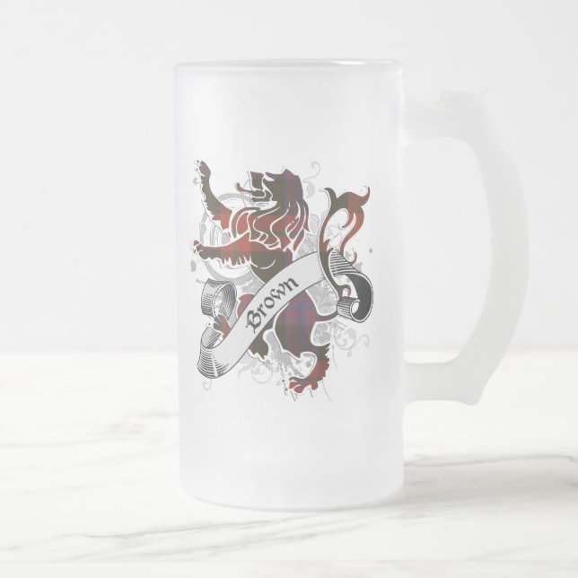 Brown Tartan Lion Frosted Glass Beer Mug (Right)