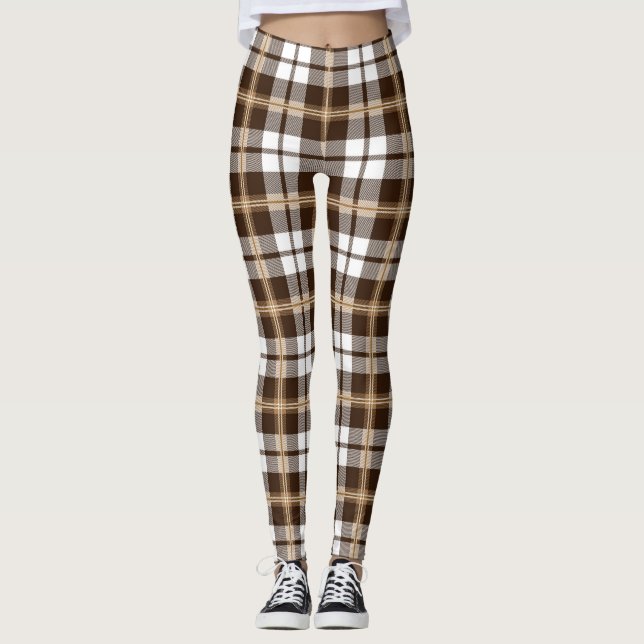 Brown Tartan Plaid Scottish Pattern Leggings (Front)