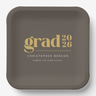 Brown Taupe Earthy Gold Grad 2026 Graduation Paper Plate