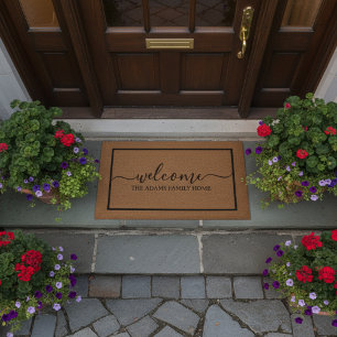 Brown Taupe Elegant Script Family Name Welcome Doormat