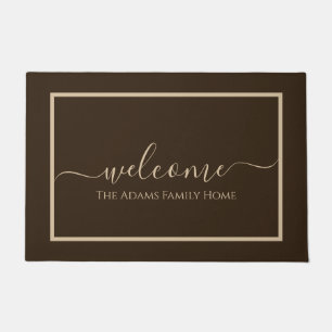 Brown Taupe Elegant Script Family Name Welcome Doormat