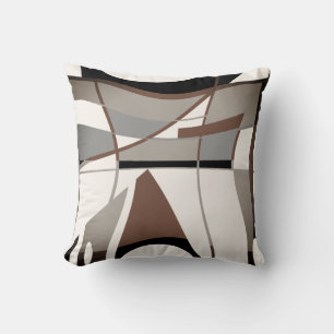 Brown Taupe Grey Black on White Geometric Design  Cushion