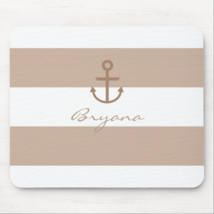Brown Taupe & White Striped Anchor Mouse Pad