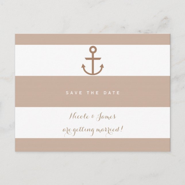 Brown Taupe & White Striped Anchor Save The Date Announcement Postcard (Front)