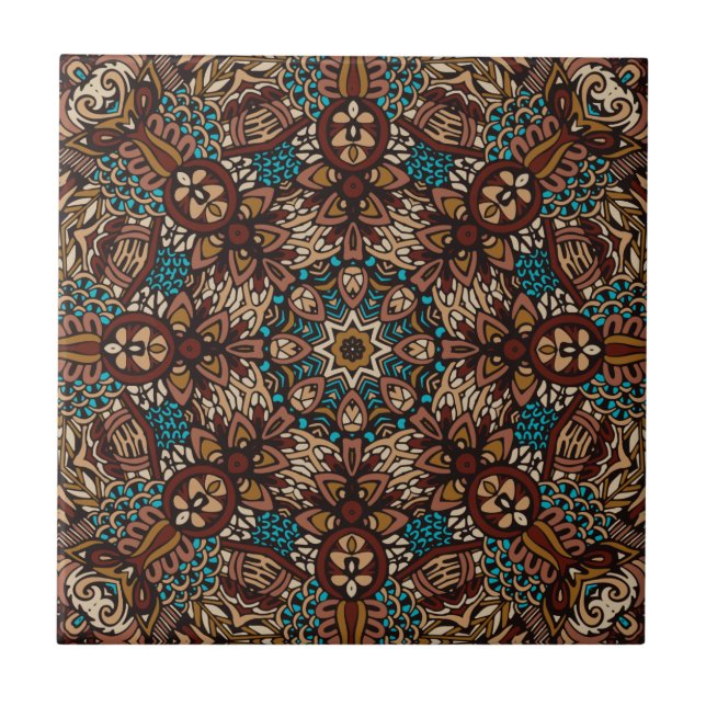 Brown, Teal & Beige Earthy Rustic Boho Mandala Tile (Front)