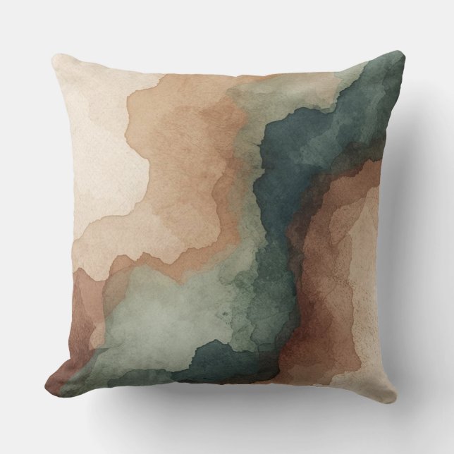 Brown Teal Blue Sage Green Abstract Watercolor Cushion (Front)