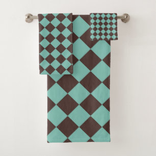Brown Teal Chequered Diamond Pattern Bath Towel Set