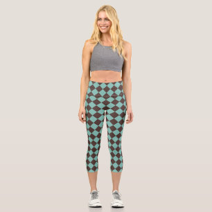 Brown Teal Chequered Diamond Pattern Capri Leggings
