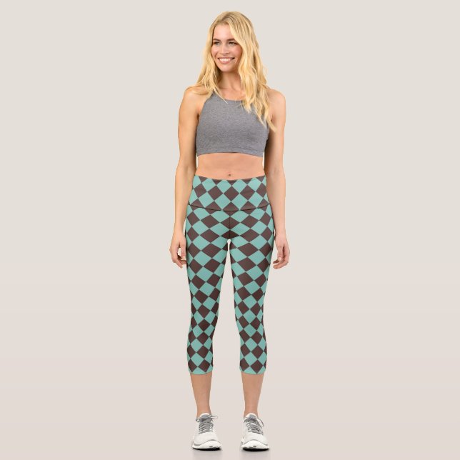 Brown Teal Chequered Diamond Pattern  Capri Leggings (Front)