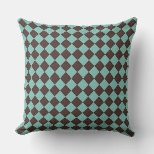 Brown Teal Chequered Diamond Pattern  Cushion