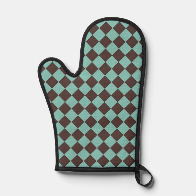 Brown Teal Chequered Diamond Pattern Oven Mitt (Front)
