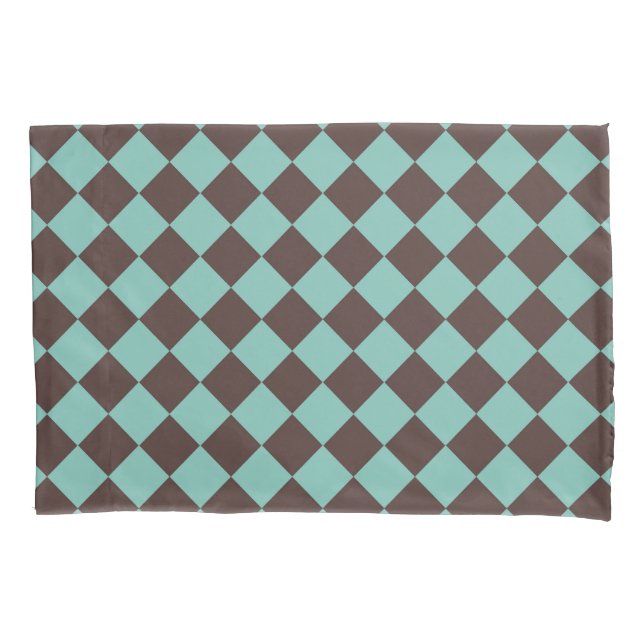 Brown Teal Chequered Diamond Pattern Pillowcase (Front-Left)