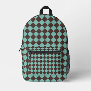 Brown Teal Chequered Diamond Pattern Printed Backpack