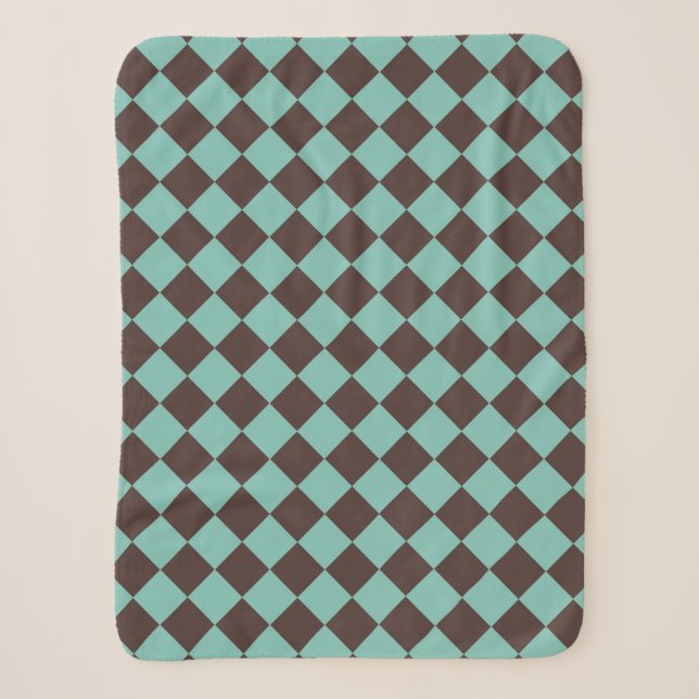 Brown Teal Chequered Diamond Pattern Sherpa Blanket (Front)