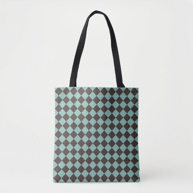 Brown Teal Chequered Diamond Pattern Shoulder Tote Bag (Front)