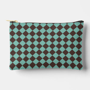 Brown Teal Chequered Diamond Pattern Small Accessory Pouch