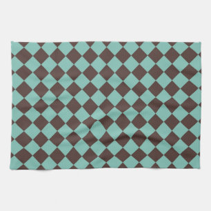 Brown Teal Chequered Diamond Pattern Tea Towel