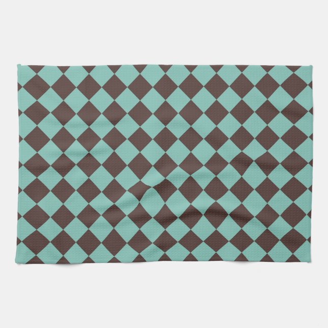 Brown Teal Chequered Diamond Pattern  Tea Towel (Horizontal)