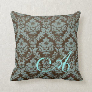 Brown / Teal Distressed Damask Personalised Pillow