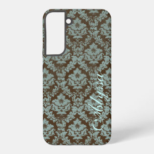 Brown/Teal Distressed Damask w/Name Samsung Galaxy Case