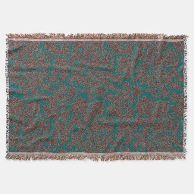 Brown Teal Ornamental Design Throw Blanket (Front)