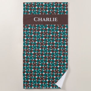 Brown & Teal Retro '70s Motifs Personalised Beach Towel