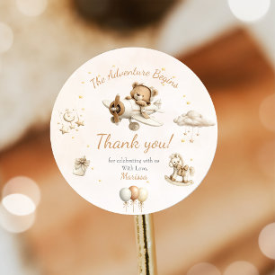 Brown Teddy Bear Aeroplane Baby Shower  Classic Round Sticker