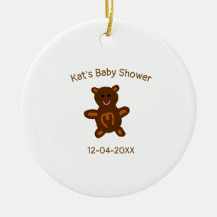 Brown teddy bear baby shower add name date elegant ceramic tree decoration