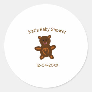 Brown teddy bear baby shower add name date elegant classic round sticker
