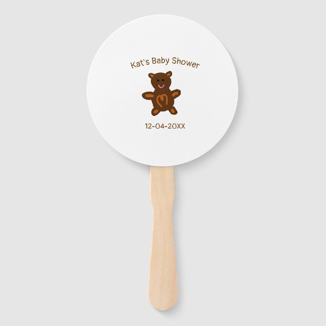 Brown teddy bear baby shower add name date elegant hand fan (Front)