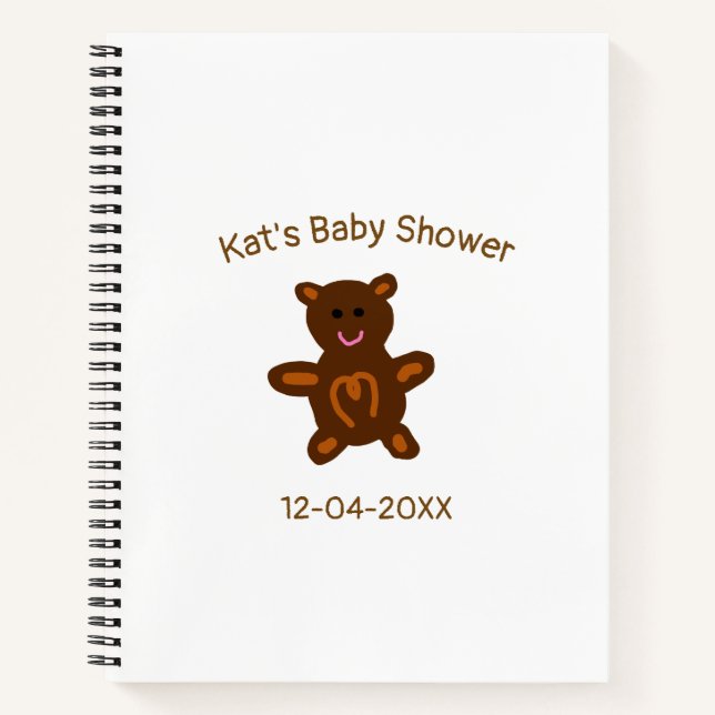 Brown teddy bear baby shower add name date elegant notebook (Front)