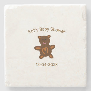 Brown teddy bear baby shower add name date elegant stone coaster