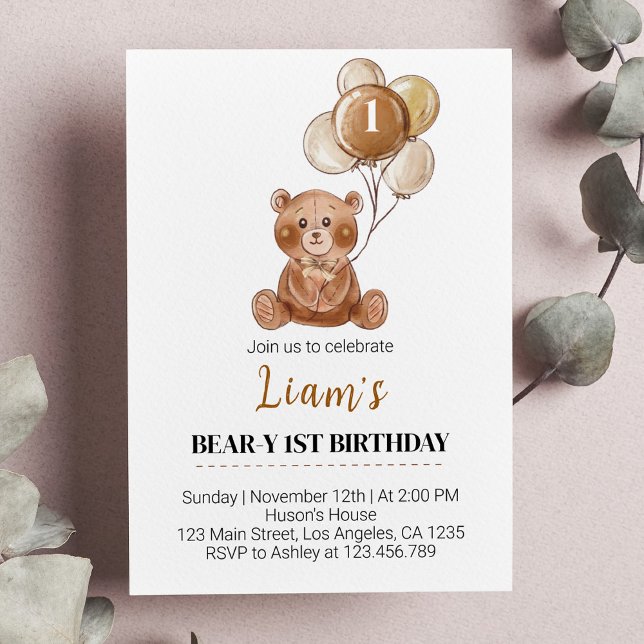 Brown Teddy Bear Balloon First Birthday Invitation (Creator Uploaded)