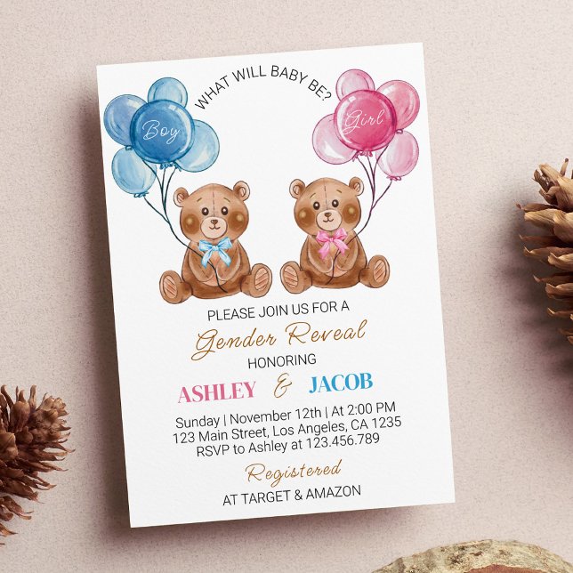 Brown Teddy Bear Balloon Gender Reveal Invitation (Creator Uploaded)